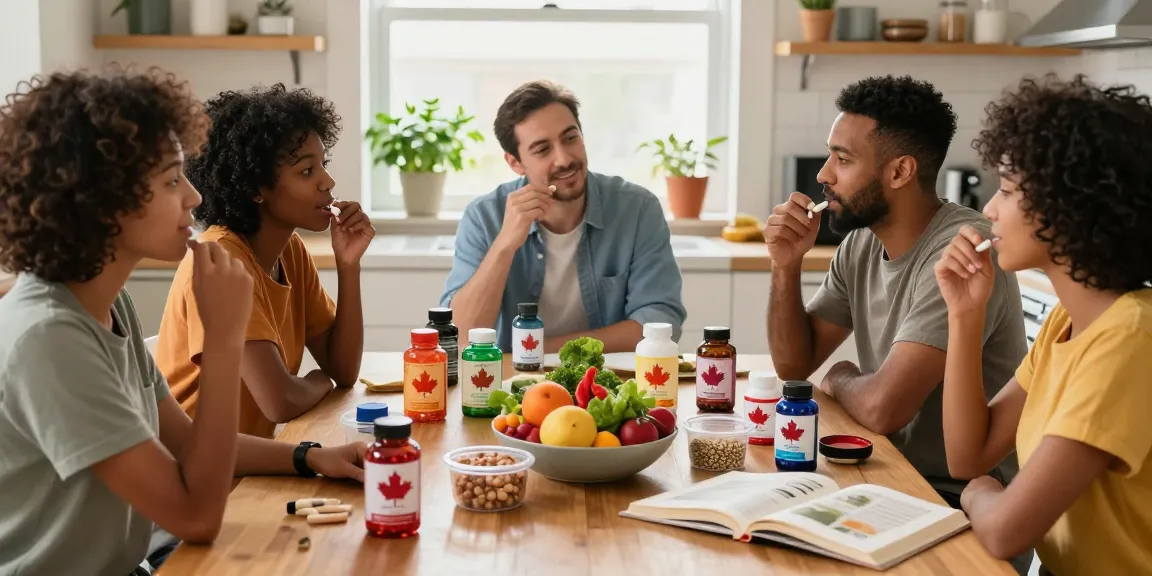 Group sampling made in Canada supplements at a cozy kitchen table with fresh ingredients.