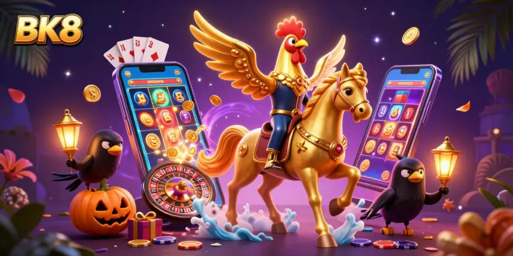 Engage with BK8's vibrant casino atmosphere showcasing lively gaming with character-filled action.