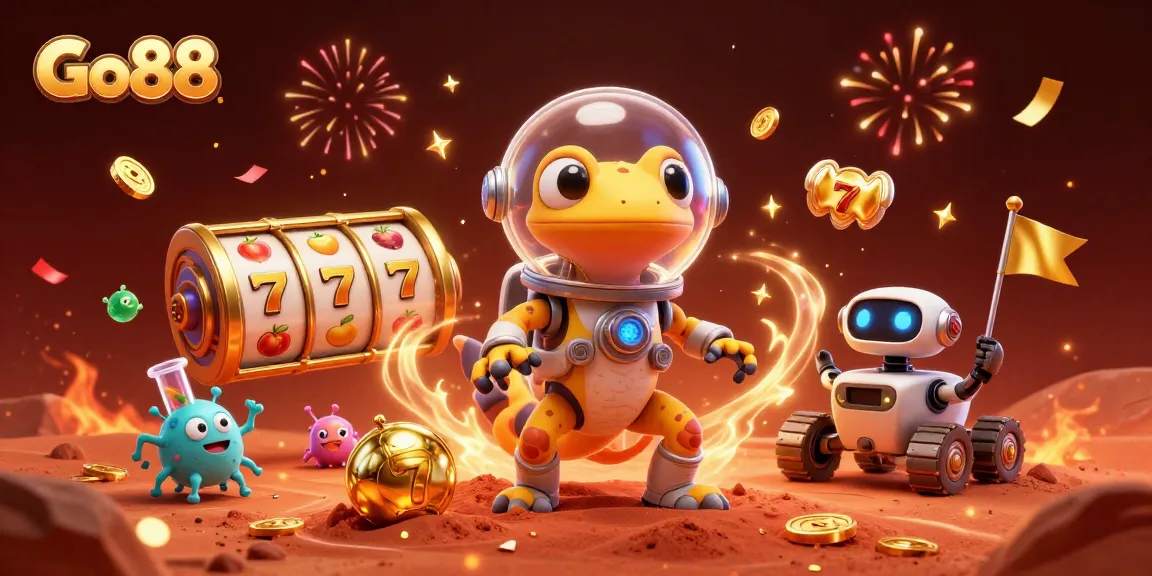 Experience excitement at Go88 with a vibrant casino scene featuring a Martian gecko and golden slots.