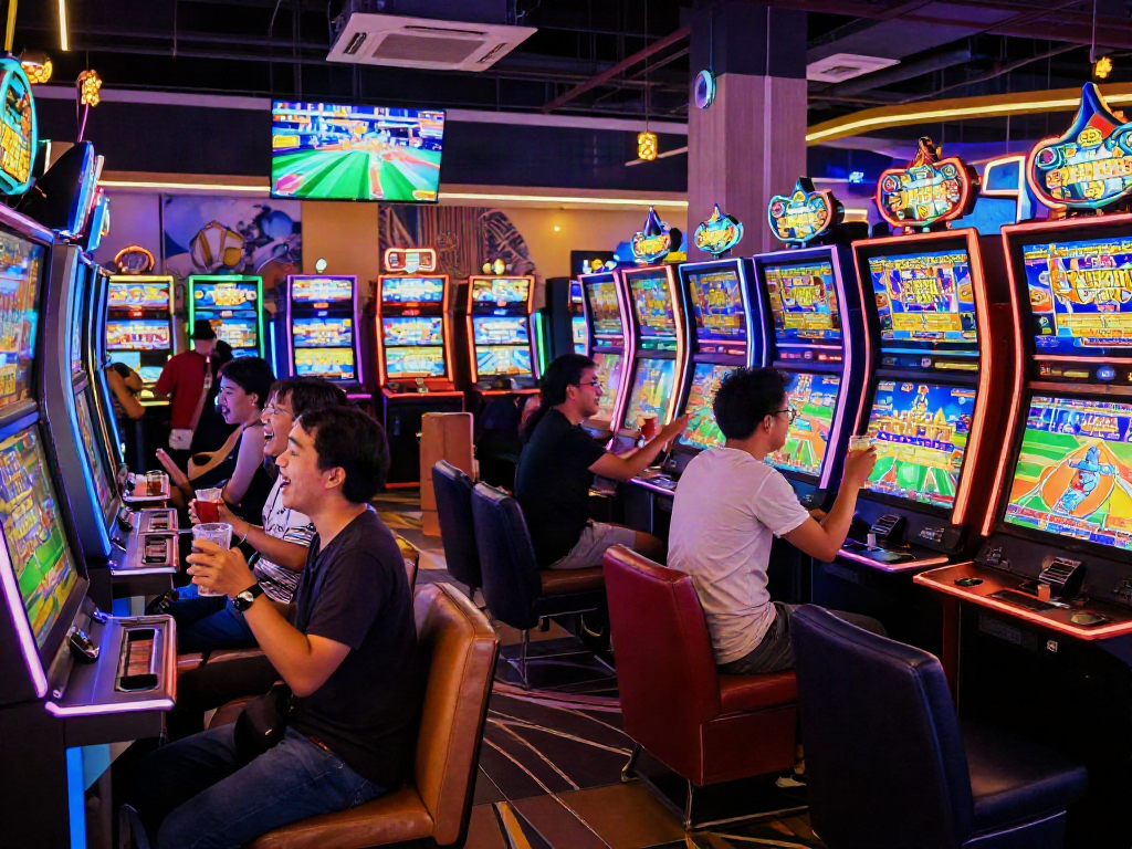 Group enjoying the thrilling atmosphere of slot jepang gaming venue with vibrant lights.
