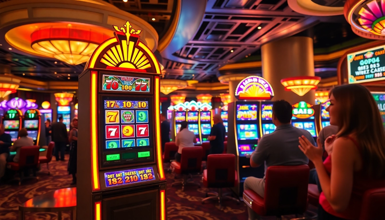 Permainan aplikasi slot yang menarik dengan tema casino yang cerah dan ramai.