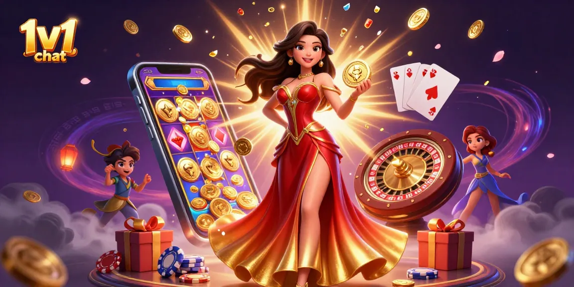 Engage with 1v1 chat in a vibrant casino scene featuring a stunning Asian woman and exciting game elements.