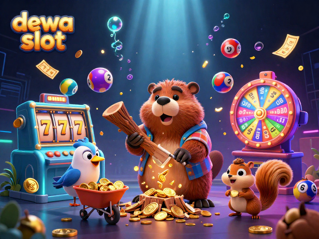 Mendapatkan kemenangan di dewa slot dengan ilustrasi beaver pemotong pohon yang menciptakan hujan koin emas.