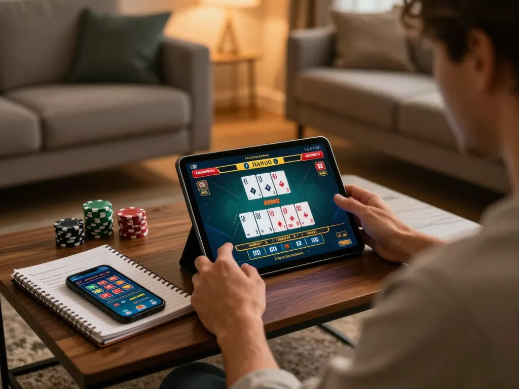 Engaging online gambling experience with nohu90 game interface displayed on a tablet in a cozy home setting.