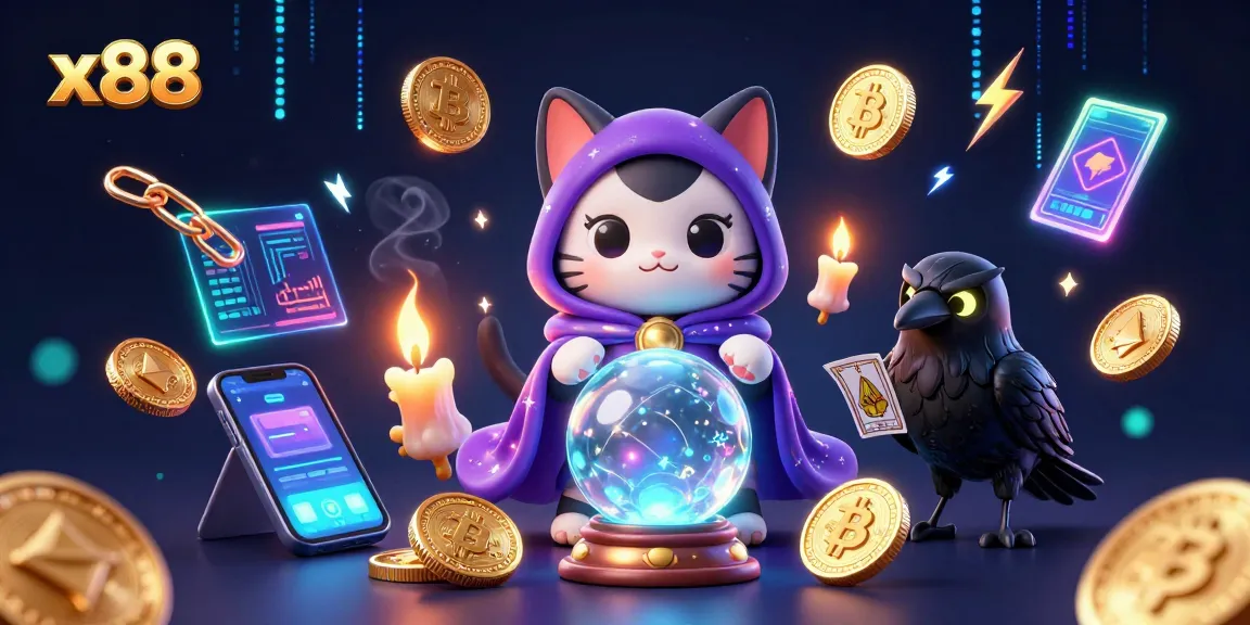 Experience the excitement of x88 casino games with a mystical cat, raven, and crypto elements.