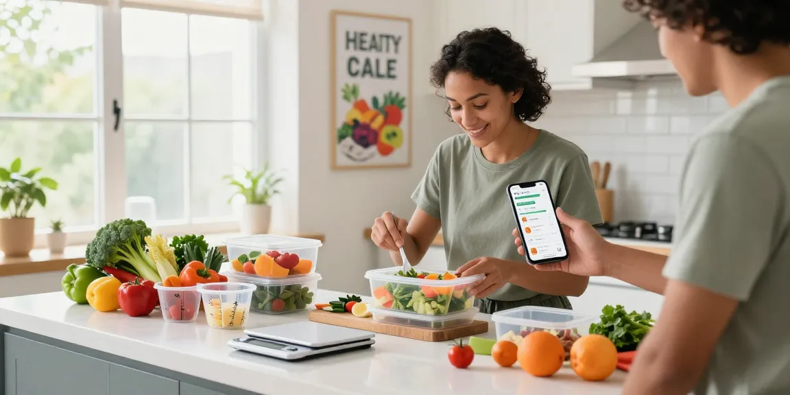 Individual using the best nutrition tracking app in a bright kitchen, surrounded by fresh ingredients.