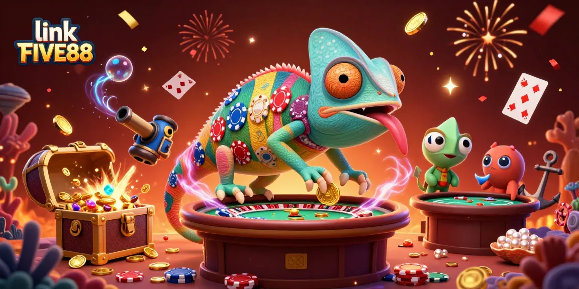 Experience adventurous gameplay with link FIVE88 in this vibrant casino 3D illustration.