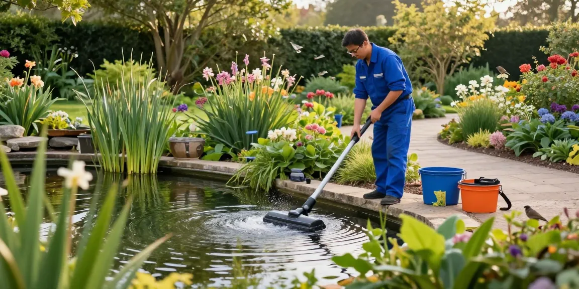 Pond Cleaning Kent service in progress with technician vacuuming clear water in a lush garden pond.