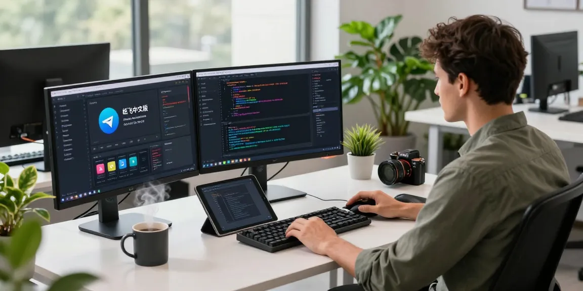 Developer coding in a vibrant workspace featuring 纸飞机中文版 interface on screens, fostering innovation in tech.