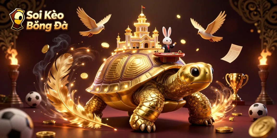 Soi Kèo Bóng Đá showcases a vibrant 3D scene with a magical tortoise casino and a dealer surrounded by betting elements.
