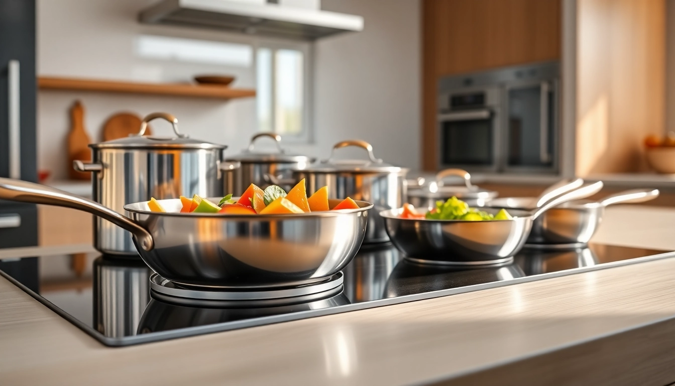 Highlighting the best cookware for induction NZ, showcasing sleek pots and pans on a modern induction cooktop.