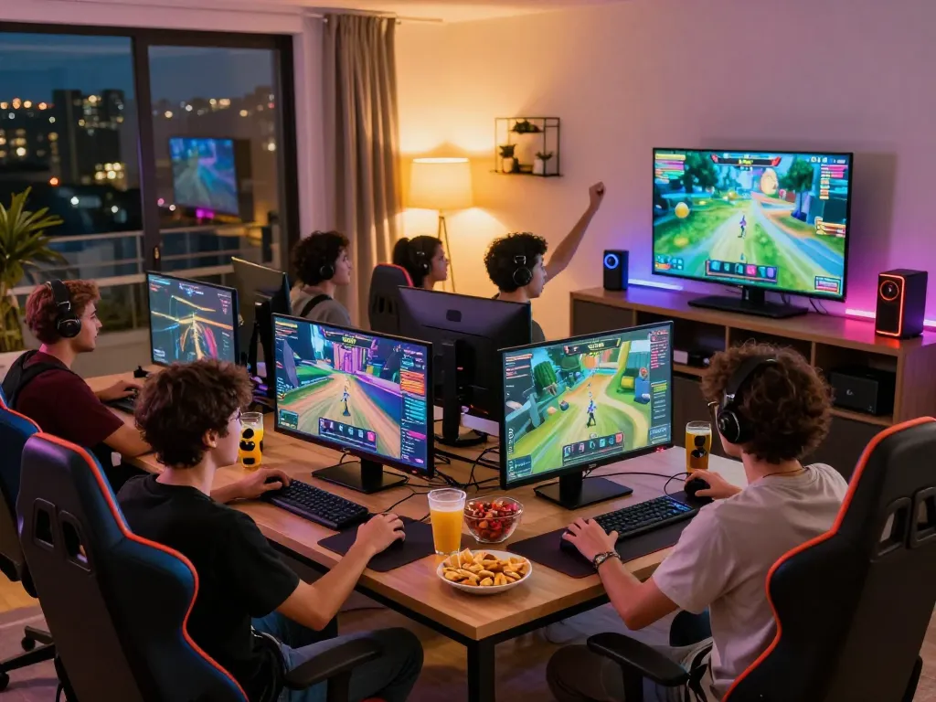 Friends enjoying go88 multiplayer gaming experience in a vibrant lounge.