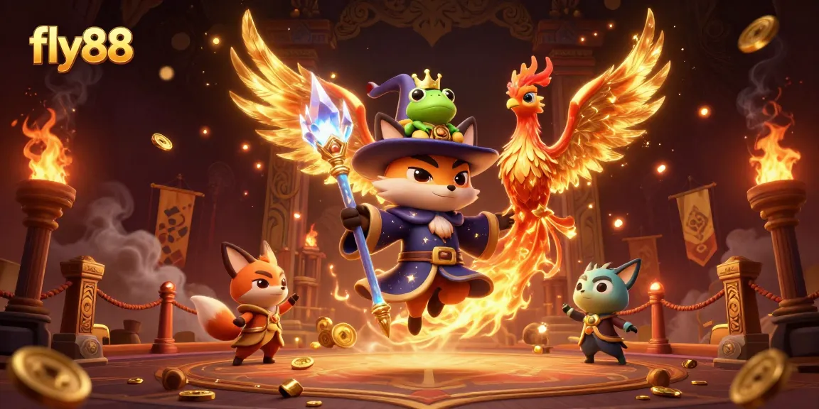 Experience winning thrills with fly88 in this vibrant 3D casino scene featuring mystical characters and fiery elements.