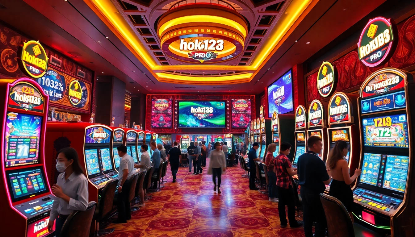 Dynamic casino scene showcasing the hoki138 pro gaming experience with vibrant slot machines and excited players.