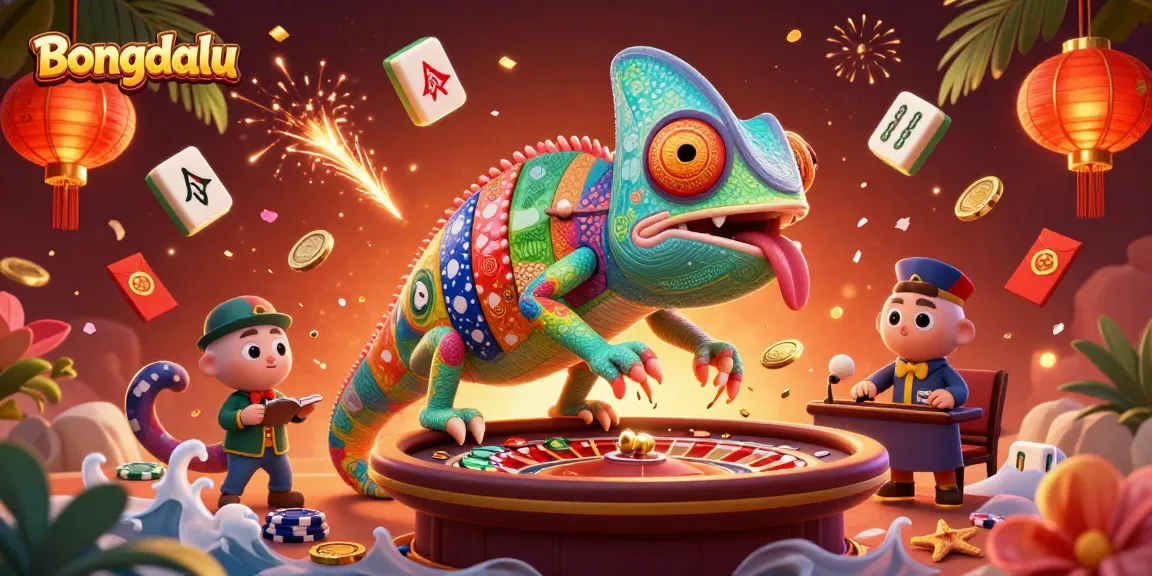 Bongdalu brings action-packed gaming with colorful chameleon casino owner amidst dynamic gambling elements.