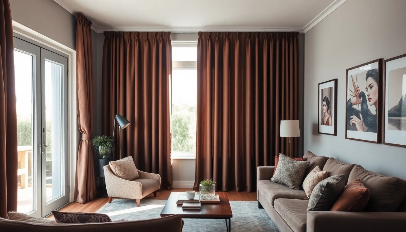Verduisterende gordijnen in een stijlvolle woonkamer met warmere tinten en elegant meubilair.