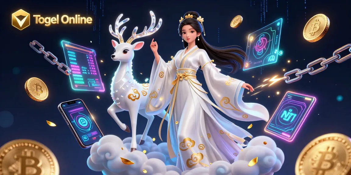 Experience the excitement of Togel Online with a captivating digital scene featuring a mystical hanfu-clad woman and cryptocurrency elements.