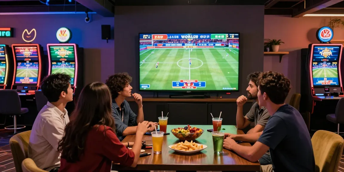 Exciting gaming atmosphere in a digital casino for sports fans, featuring real-time betting options, live World Cup matches, and snacks, encouraging users to 閱讀更多 about the platform.