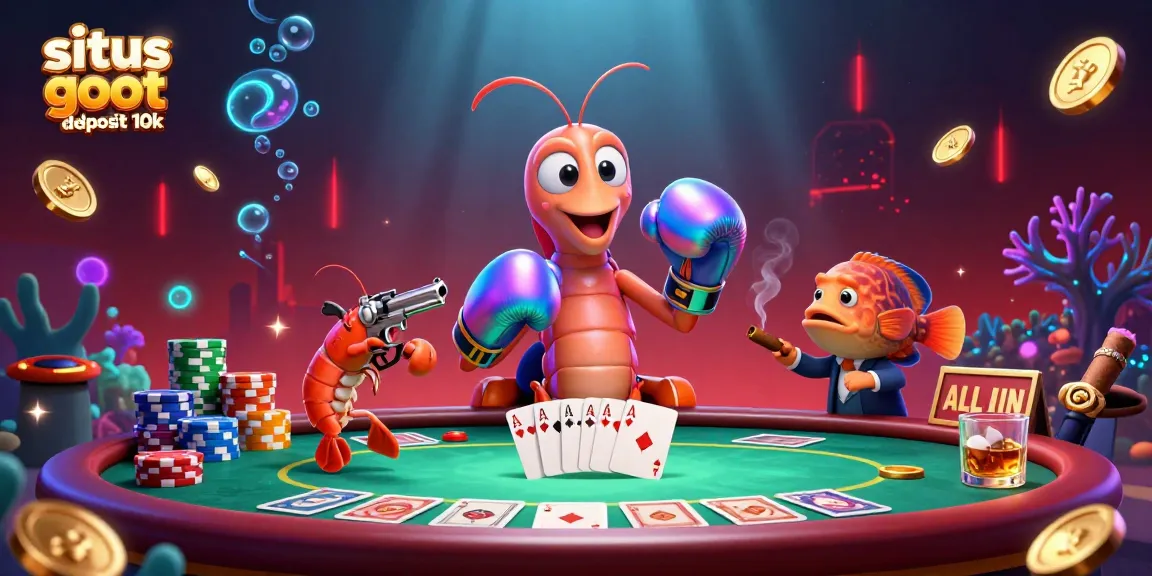 Situs slot gacor deposit 10k showcasing an underwater casino scene with animated shrimp characters and dynamic poker elements.
