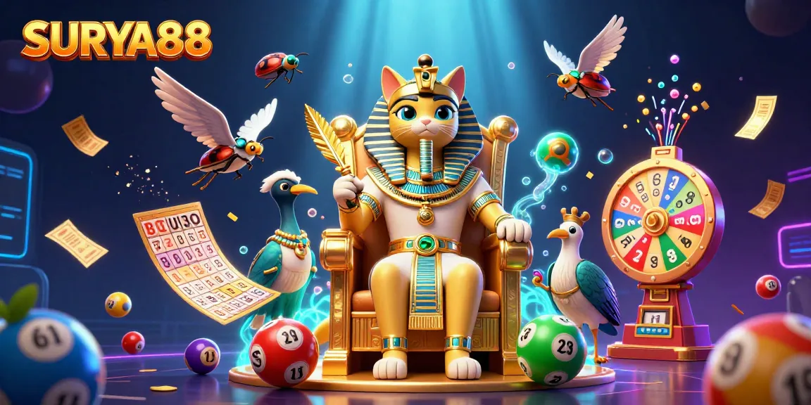 SURYA88 showcases an Egyptian pharaoh cat surrounded by vibrant lottery and bingo elements in a virtual casino.