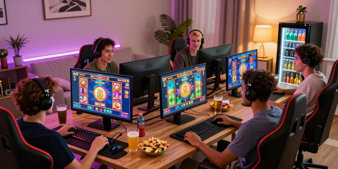Exciting online slot gaming scene with diverse players enjoying games in a vibrant home setup.