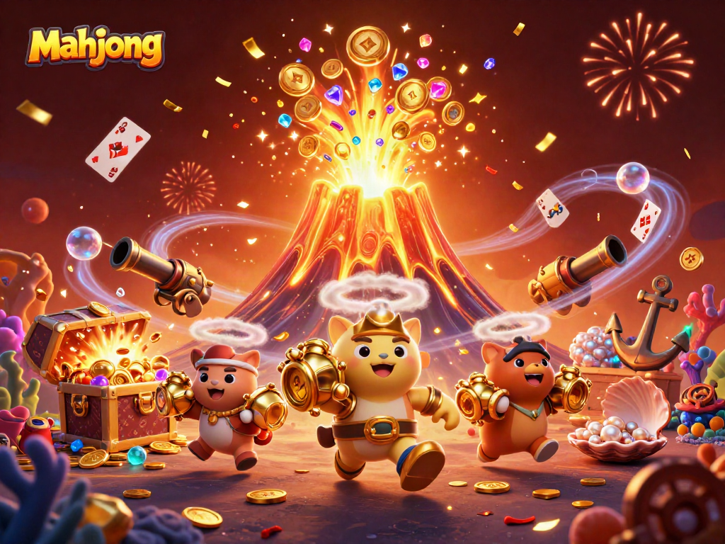 Experience the excitement of mahjong with a vibrant scene of treasure and animated characters.