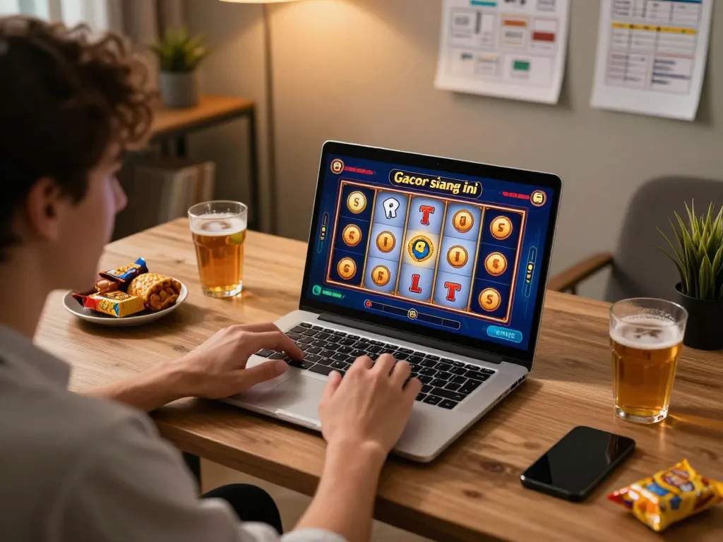 Player enjoying slot gacor siang ini in a stylish home office setup with warm lighting and strategy notes.