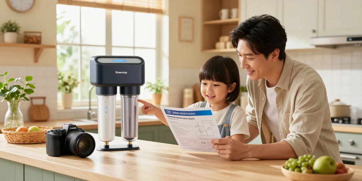 Family engaging with the Waterdrop AP117 Whole House Water Filter in a bright kitchen, highlighting installation and clean water importance.