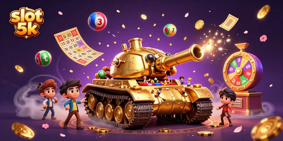 Play exciting games with slot 5k as you engage in a vibrant casino scene with confetti and prizes.