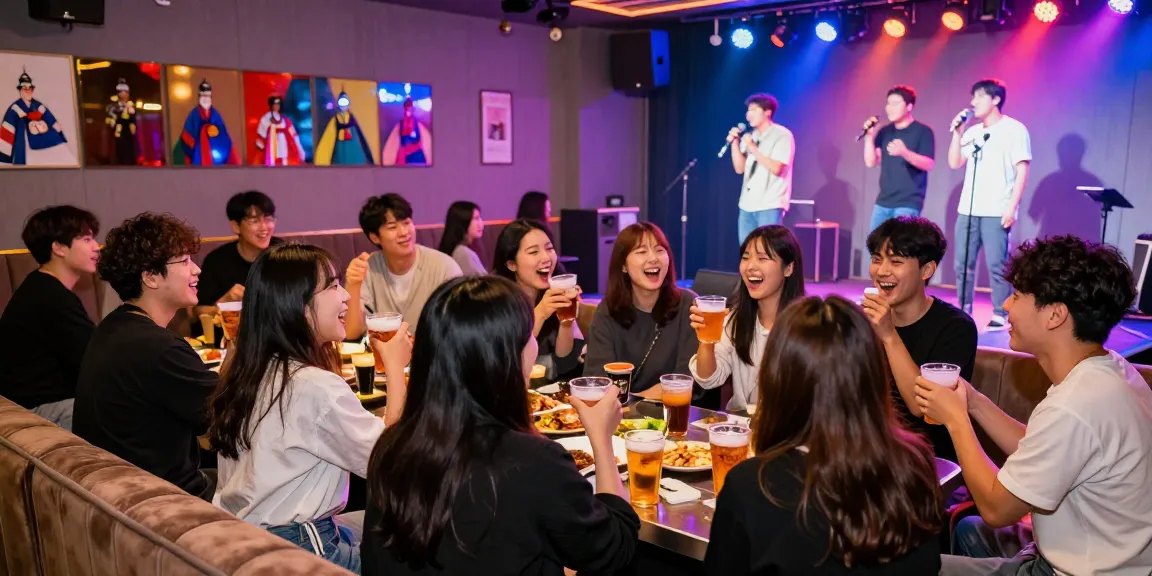 Dynamic Jeju nightlife experience showcasing 제주도유흥 culture with lively karaoke atmosphere, vibrant lights, and social enjoyment.