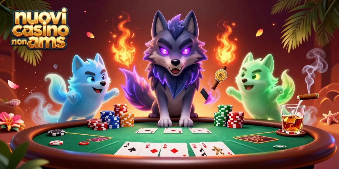 Interagisci con nuovi casino non aams che presentano un lupo spettrale come leader a un tavolo da poker ornato.