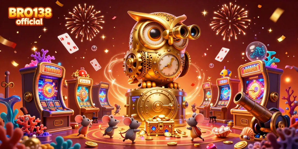 Spin and win with BRO138 official at an exciting cartoon casino scene filled with colorful slot machines and gold!