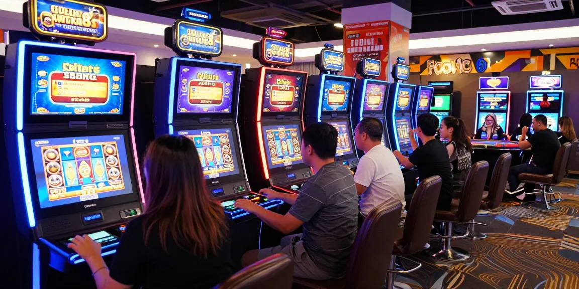 Experience rokok88 slot login at vibrant local gaming center with players engaged and colorful slot machines.