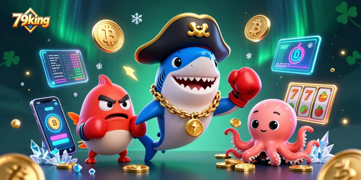 Experience thrilling gameplay with 79king’s vibrant characters surrounded by slot reels and crypto elements.