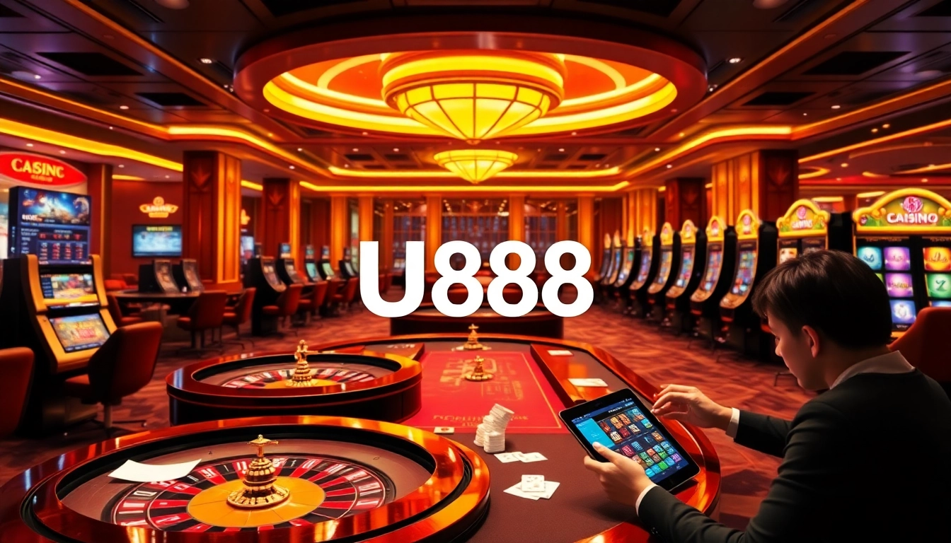 Engaging U888 online casino gaming scene with poker tables and vibrant slot machines.