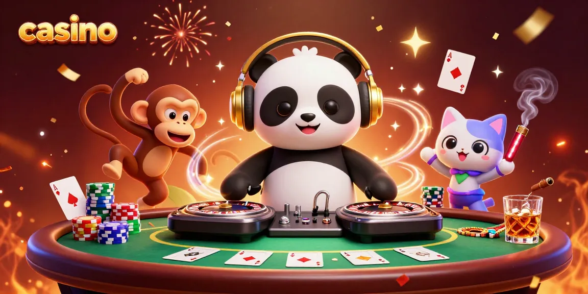 Vibrant casino scene showcasing a DJ panda, breakdancing monkey, and rave kitten, celebrating with festive confetti.
