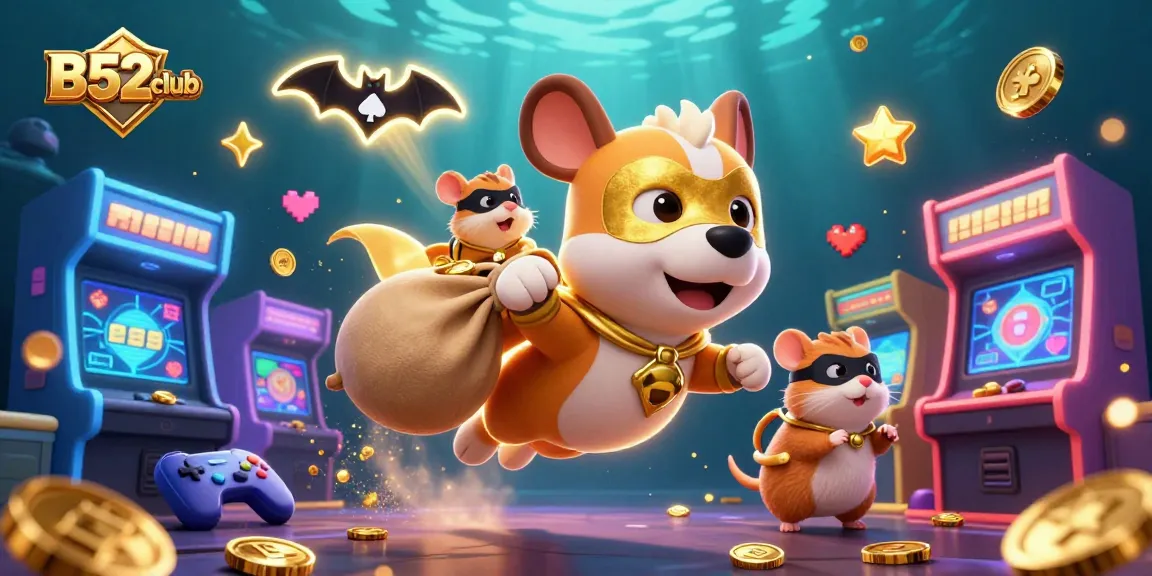Experience thrilling games at B52club with a dynamic casino-themed illustration showcasing a superhero dog and fun gaming elements.