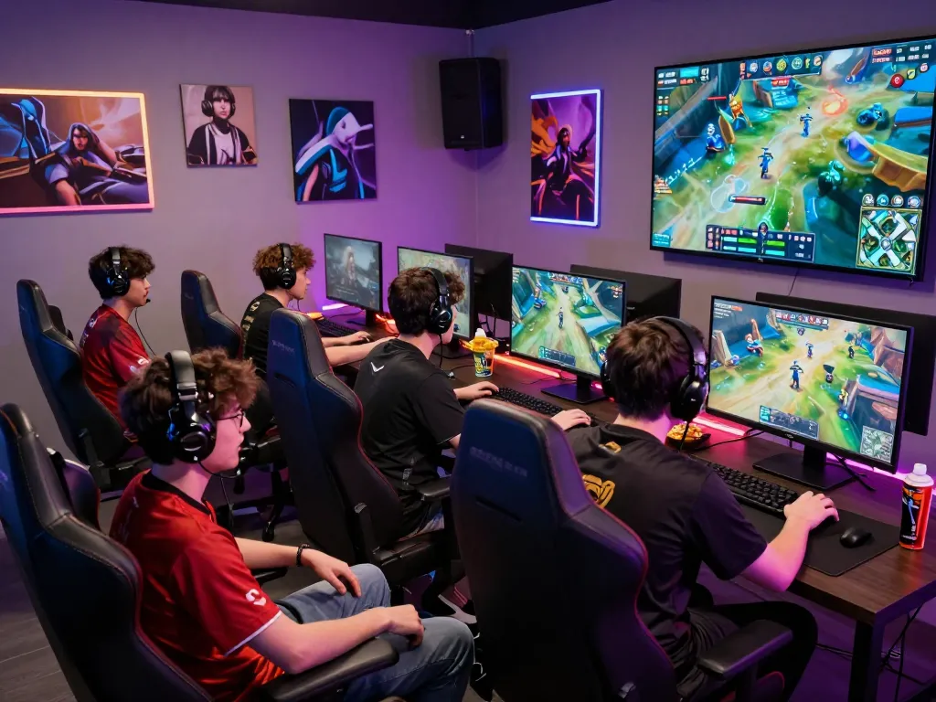 Bắn cá hubet88 - Exciting esports gaming scene with players immersed in intense online matches, showcasing vibrant graphics and LED-lit atmosphere.