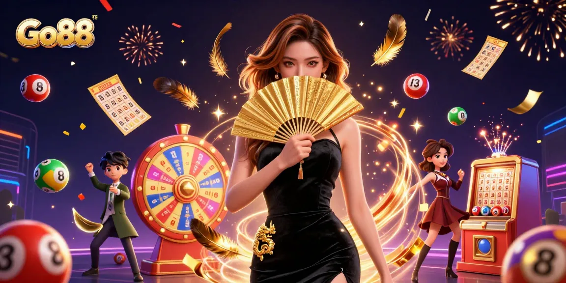 Experience the excitement of Go88 with vibrant visuals and dynamic game elements in this stunning 3D illustration.