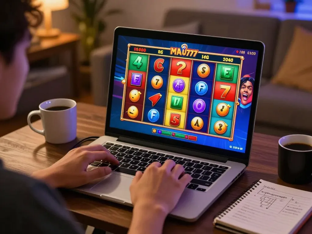 Playing MAU777 slot game online on a laptop in a cozy home setting, showcasing excitement and strategy.