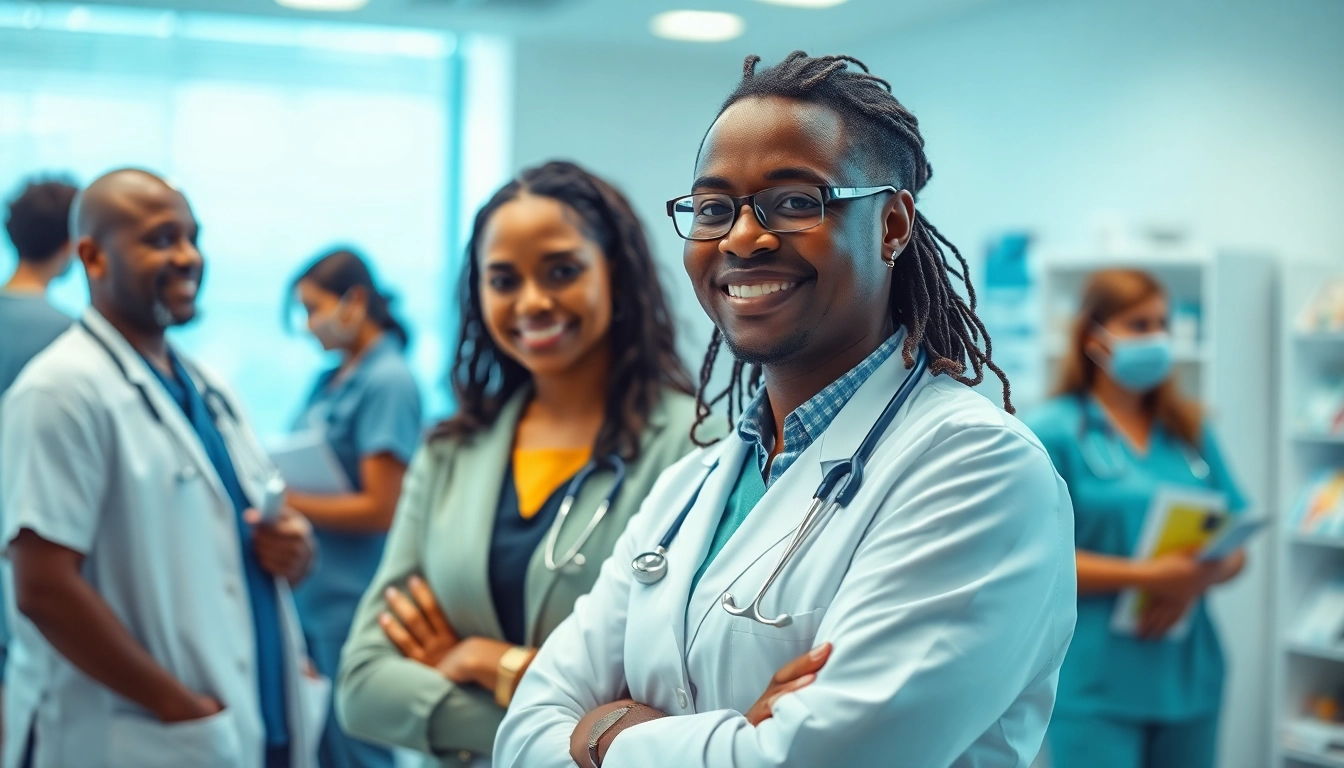 Encouraging Health consultation between diverse individuals in a welcoming clinic.