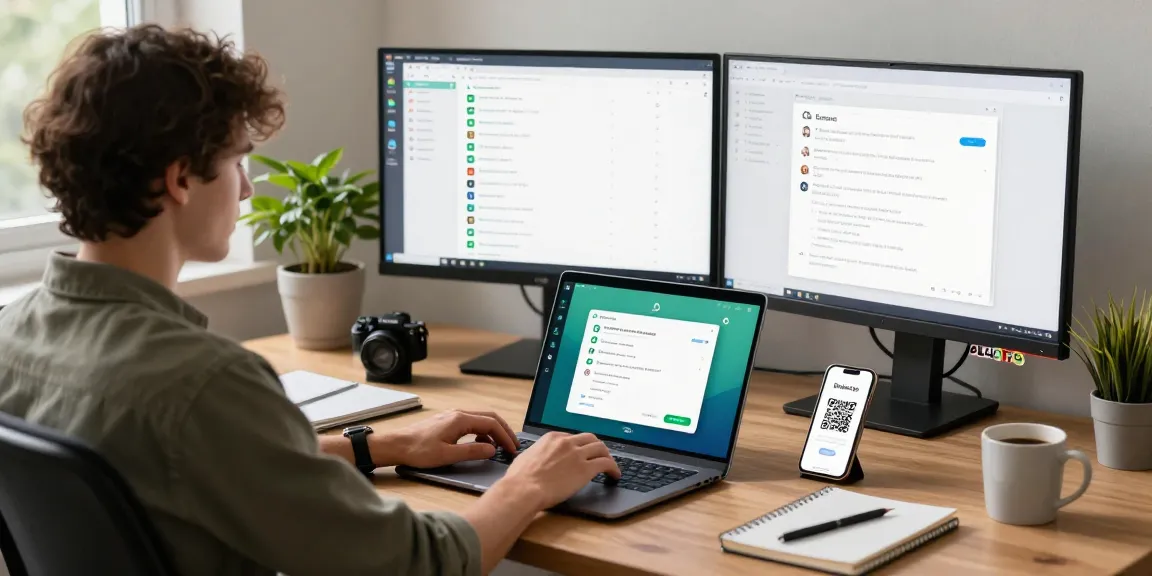 Engaged user utilizing WhatsApp電腦版 on a laptop in a modern home office setting.