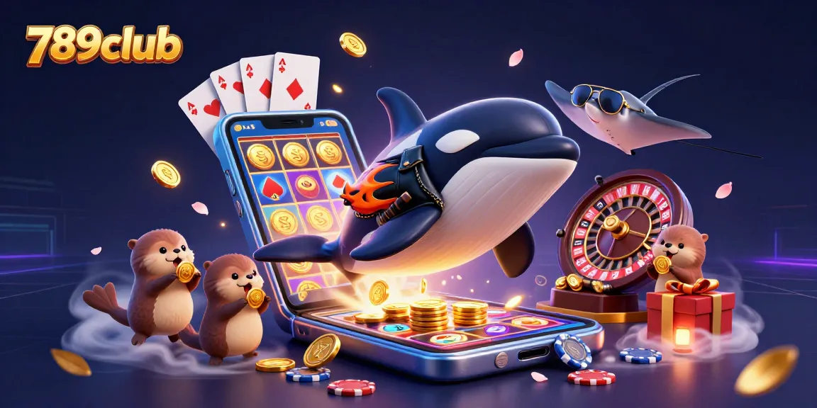 Experience thrilling gaming with 789club, featuring an orca, stingray, and otters with coins.