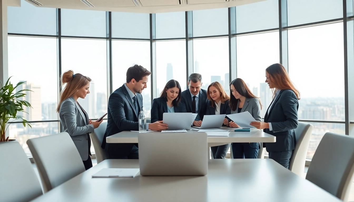 Engaged team of Quickplus Business Consultants in a modern office analyzing strategic documents.