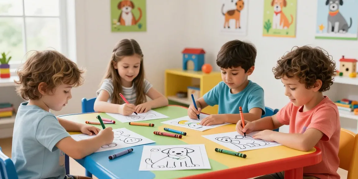 Easy coloring for preschoolers with kids joyfully coloring Labrador Retriever pages at a vibrant activity table.