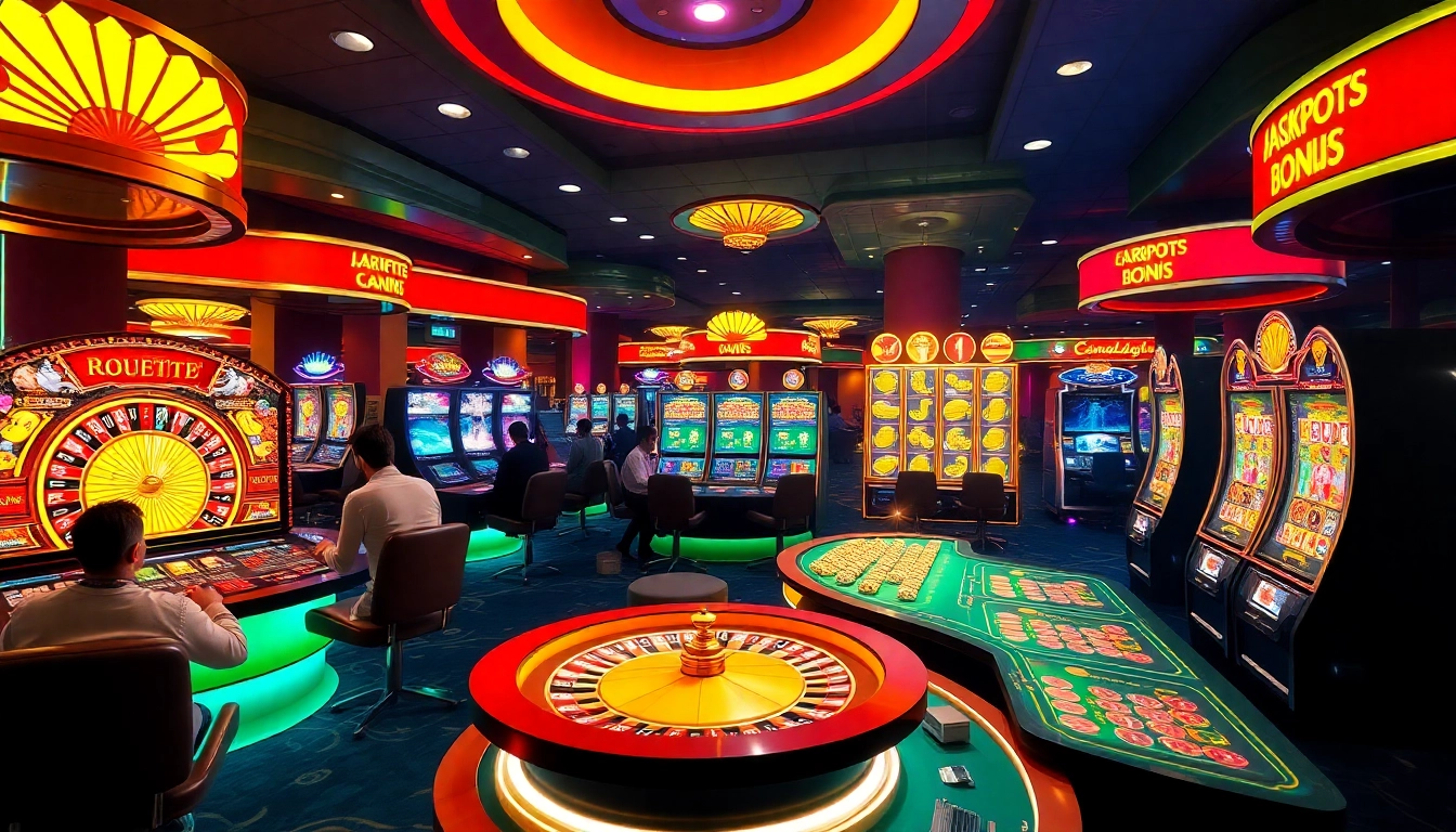 Bermain sumotogel di kasino yang ramai dengan mesin slot digital dan pemain yang bersemangat memenangkan jackpot.
