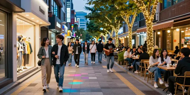 홍대 거리의 젊은 고객들이 다채로운 패션을 즐기며 탐방 중인 모습, https://www.danbamop.com/hongdae-op 에서 제공하는 OP 서비스 시연.