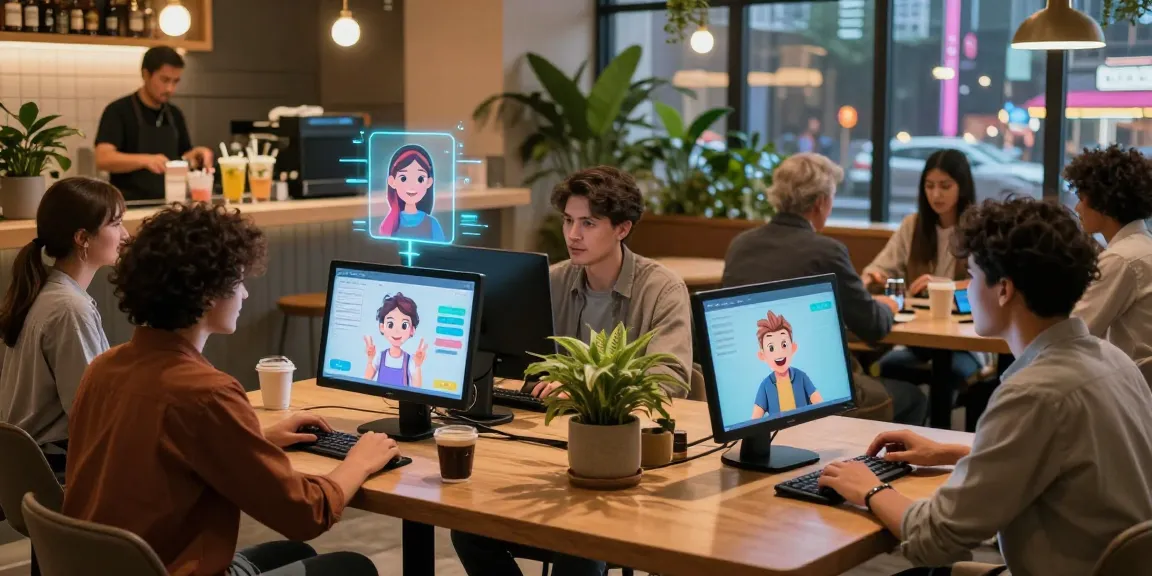 Engaging scene of users interacting with crushon ia AI chatbots in a vibrant digital cafe.