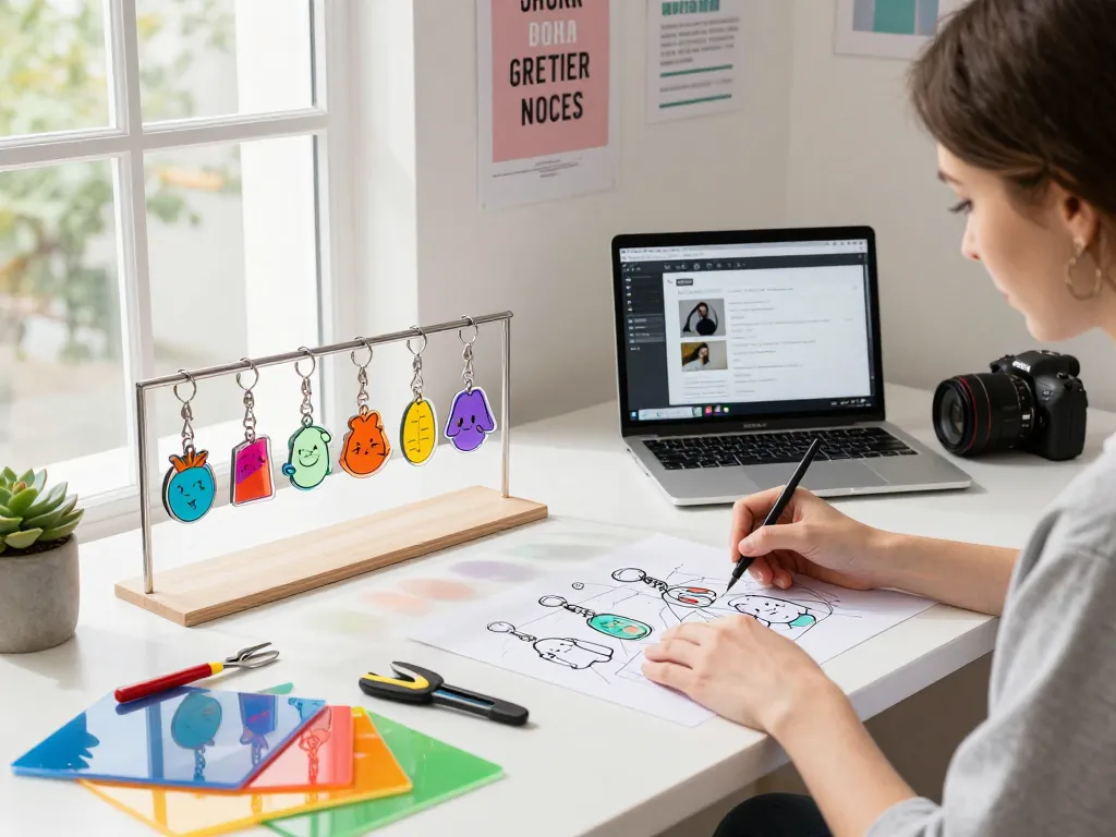 Custom designs by an acrylic keychain manufacturer showcasing vibrant colors and creativity in a modern workspace.