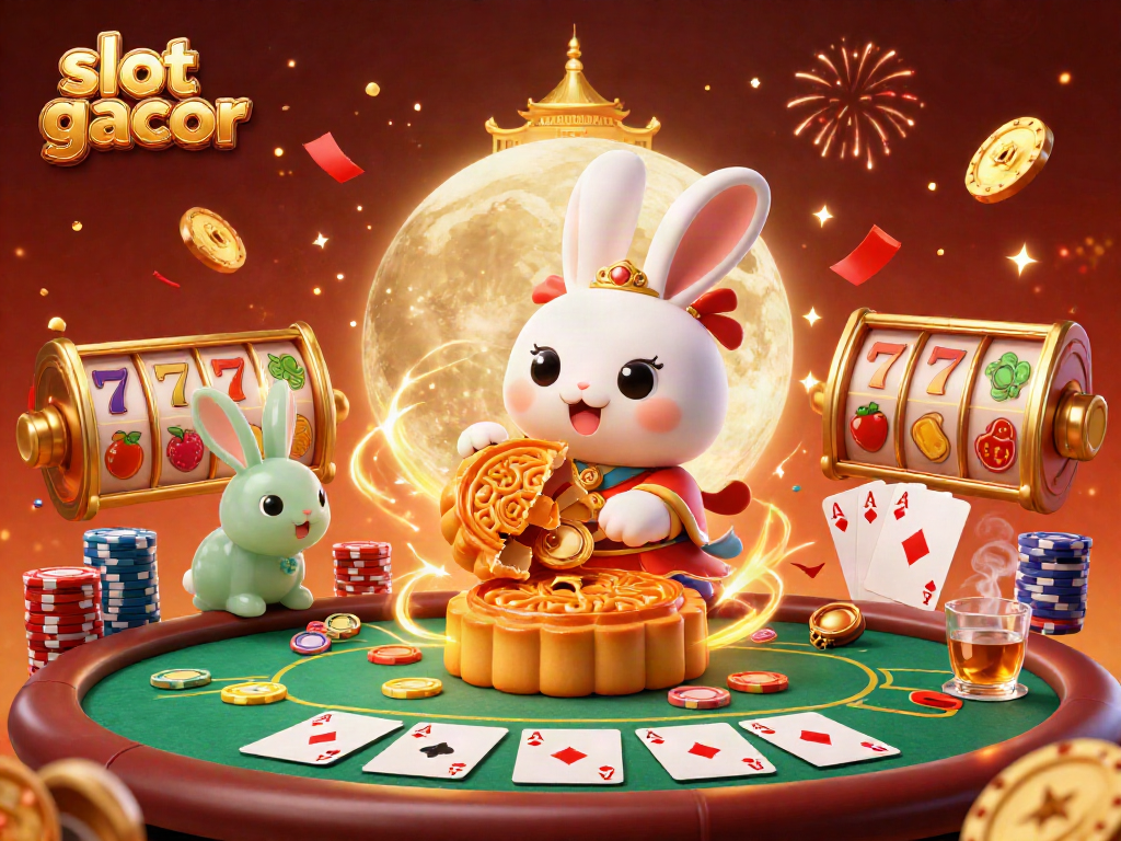 Experience vibrant slot gacor action with a moon rabbit, poker chips, and lively casino elements.